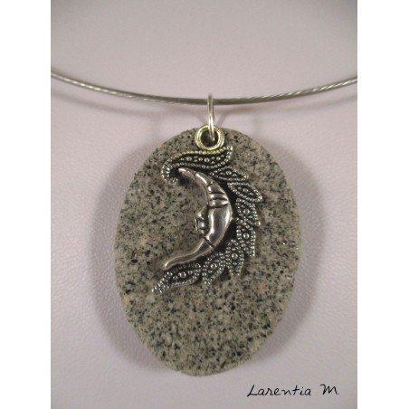 Oval granite necklace, silver moon pendant, rigid necklace gray