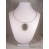 Oval granite necklace, silver moon pendant, rigid necklace gray