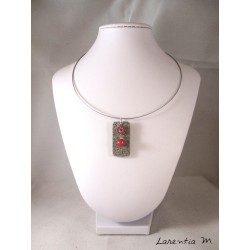 granite rectangle necklace, Swarovski crystal flower and red magic pearl