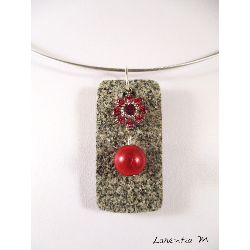granite rectangle necklace, Swarovski crystal flower and red magic pearl