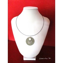 Round granite necklace, silver butterfly, Shamballa white pearl, black metal crew neck