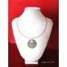Round granite necklace, silver butterfly, Shamballa white pearl, black metal crew neck