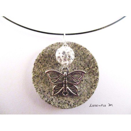 Round granite necklace, silver butterfly, Shamballa white pearl, black metal crew neck