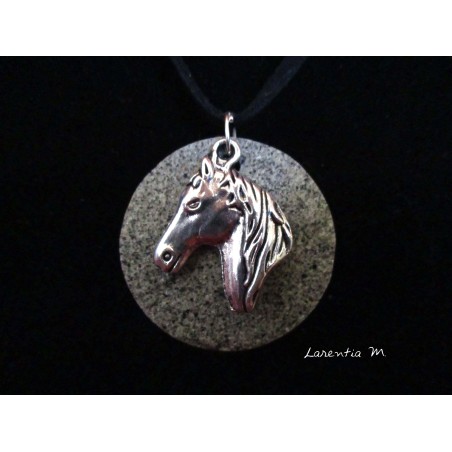 Necklace, pendant silver horse on round granite base