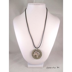 Necklace, pendant silver horse on round granite base