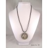 Collier granit rond avec pendentif tête cheval argenté / Cordon cuir noir