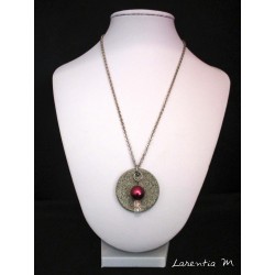 Collier granit rond perle cirée fuschia/cristal Swarovski/ chaine argent