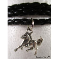 Leather bracelet black leather, silver horse