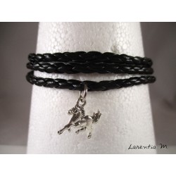 Bracelet homme cuir noir, cheval argenté, 3 tours