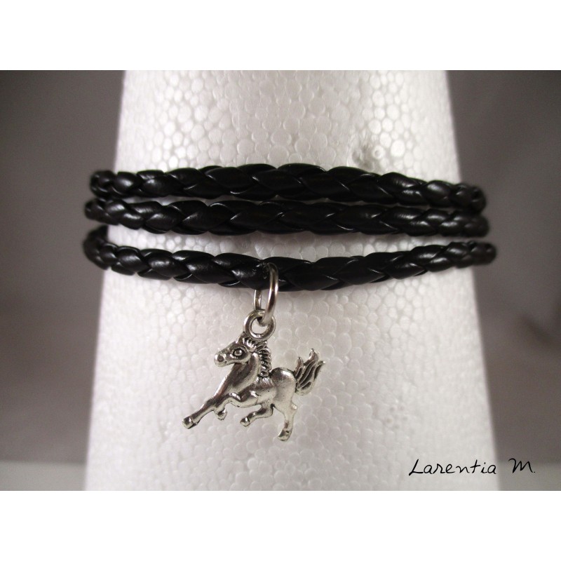 Bracelet homme cuir noir, cheval argenté, 3 tours