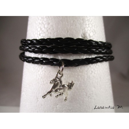Bracelet homme cuir noir, cheval argenté, 3 tours