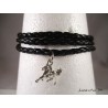 Bracelet homme cuir noir, cheval argenté, 3 tours