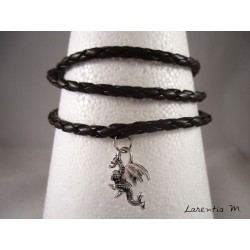 Bracelet homme cuir marron, dragon argenté