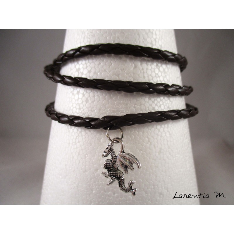 Bracelet homme cuir marron, dragon argenté