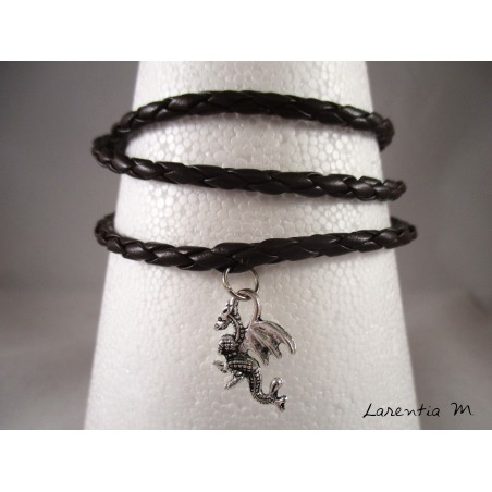 Bracelet homme cuir marron, dragon argenté