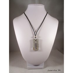 Silver plated rectangle, silver feather and pearl necklace, black rubber cord