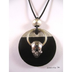 Necklace round black painted concrete, pearl silver skull ring on stainless steel, rubber cord