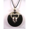 Necklace round black painted concrete, pearl silver skull ring on stainless steel, rubber cord