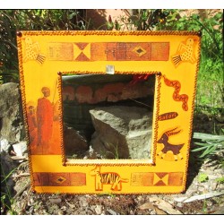 square wooden mirror decorated with African motifs