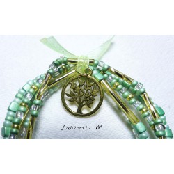 5-row bracelet in seed beads in green-white-gold tones, tree of life