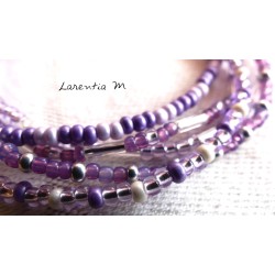 Bracelet 5 rows in seed beads purple-silver tones, "Love" silver