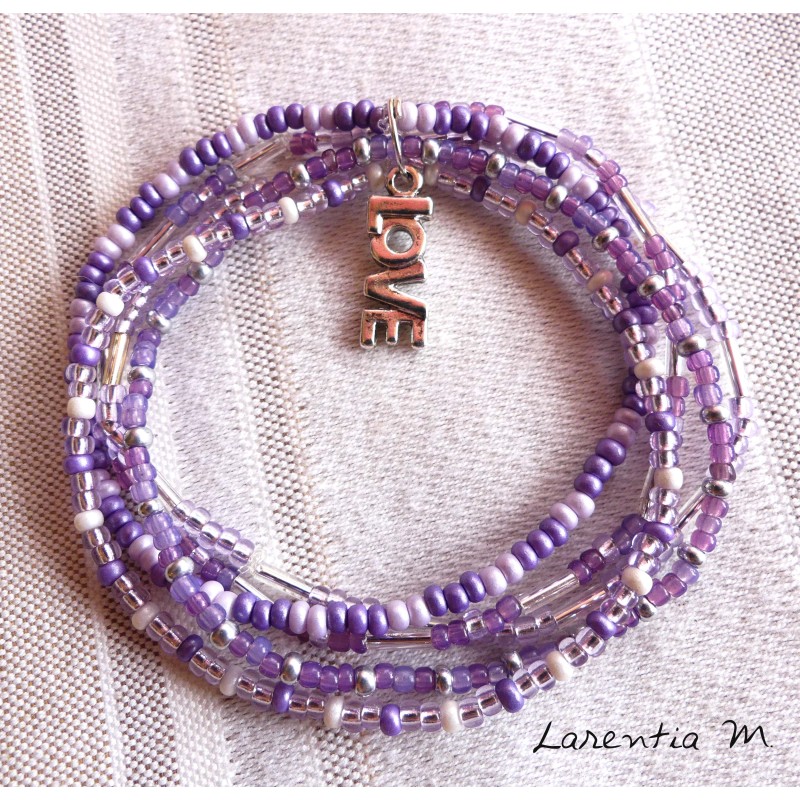 Bracelet 5 rangs en perles de rocaille tons violet-argent