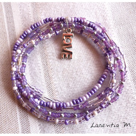 Bracelet 5 rangs en perles de rocaille tons violet-argent