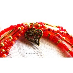Bracelet 5 rangs en perles de rocaille tons rouge-or, coeur doré