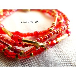Bracelet 5 rows in seed beads red-gold tones, golden heart