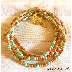 Bracelet 5 rows in seed beads orange-green-gold tones, fairy on golden moon