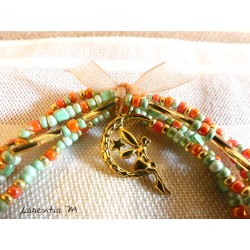 Bracelet 5 rows in seed beads orange-green-gold tones, fairy on golden moon