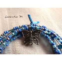 Bracelet 5 rangs perles de rocaille tons bleus-argent, papillon argenté