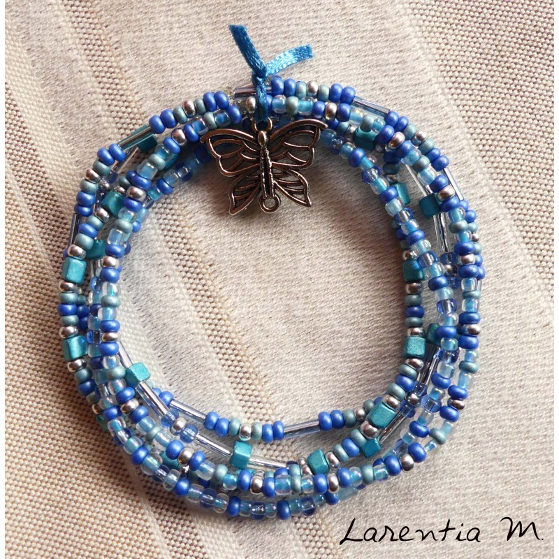Bracelet 5 rangs en perles de rocaille tons bleus-argent