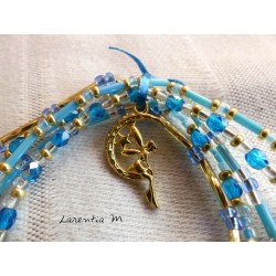 Bracelet 5 rangs en perles de rocaille tons bleus-or, fée sur lune or