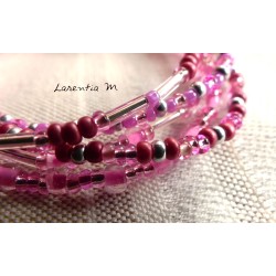 Bracelet 5 rows in seed beads pink-silver tones, old silver heart