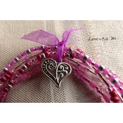 Bracelet 5 rangs en perles de rocaille tons roses-argent, coeur ancien argenté