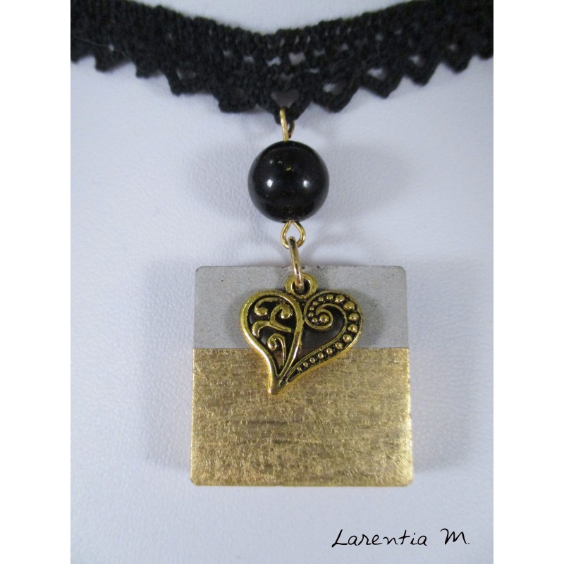 Lace necklace, square gilded concrete, gold heart and black pearl