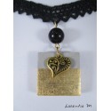 Lace necklace, square gilded concrete, gold heart and black pearl