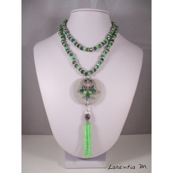 Necklace crystal green Bohemian beads, rhinestones, round concrete pendant with heart connector, green pearl pompon