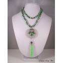 Necklace crystal green Bohemian beads, rhinestones, round concrete pendant with heart connector, green pearl pompon