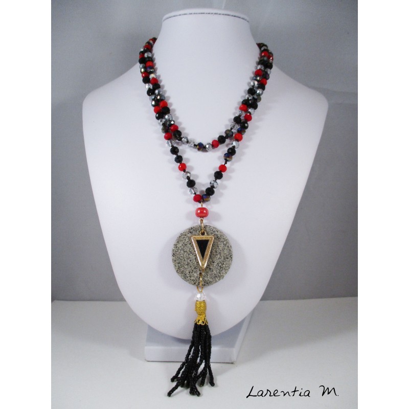 Necklace red and black Bohemian crystal beads, round granite pendant, gold and black triangle, black pearl pompon