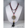 Necklace red and black Bohemian crystal beads, round granite pendant, gold and black triangle, black pearl pompon