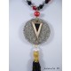 Necklace red and black Bohemian crystal beads, round granite pendant, gold and black triangle, black pearl pompon