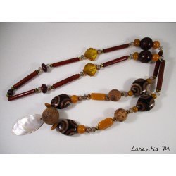 Long necklace 50 cm brown/mustard with nacre pendant