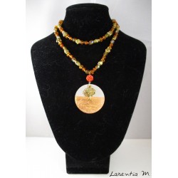 Necklace crystal beads Bohemia and orange glass, metal beads, round concrete pendant with golden life tree and orange shamballa