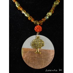 Necklace crystal beads Bohemia and orange glass, metal beads, round concrete pendant with golden life tree and orange shamballa