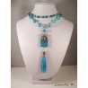 Colliers perles verre et cristal turquoise, rocaille argent, pendentif béton rectangle, lune argentée, pompon perles turquoise