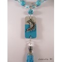 Colliers perles verre et cristal turquoise, rocaille argent, pendentif béton rectangle, lune argentée, pompon perles turquoise