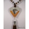 Collier perles cristal Bohème et rocailles, pendentif béton cœur doré sur perle shamballa marron et arbre de vie doré