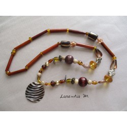 Long necklace 50 cm brown/yellow with nacre pendant